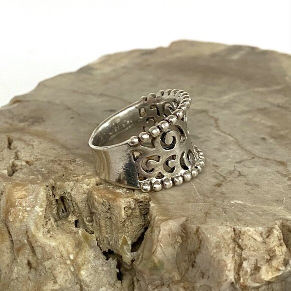 Sterling Silver 925 Curved Pierced Scrollwork 0.5" Wide Band Ring Size 6.5 - Picture 7 of 16
